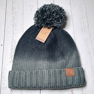 CC Exclusives Black‎ Grey Ombre Knit Beanie Pom Pom Fuzzy Lined Winter Hat